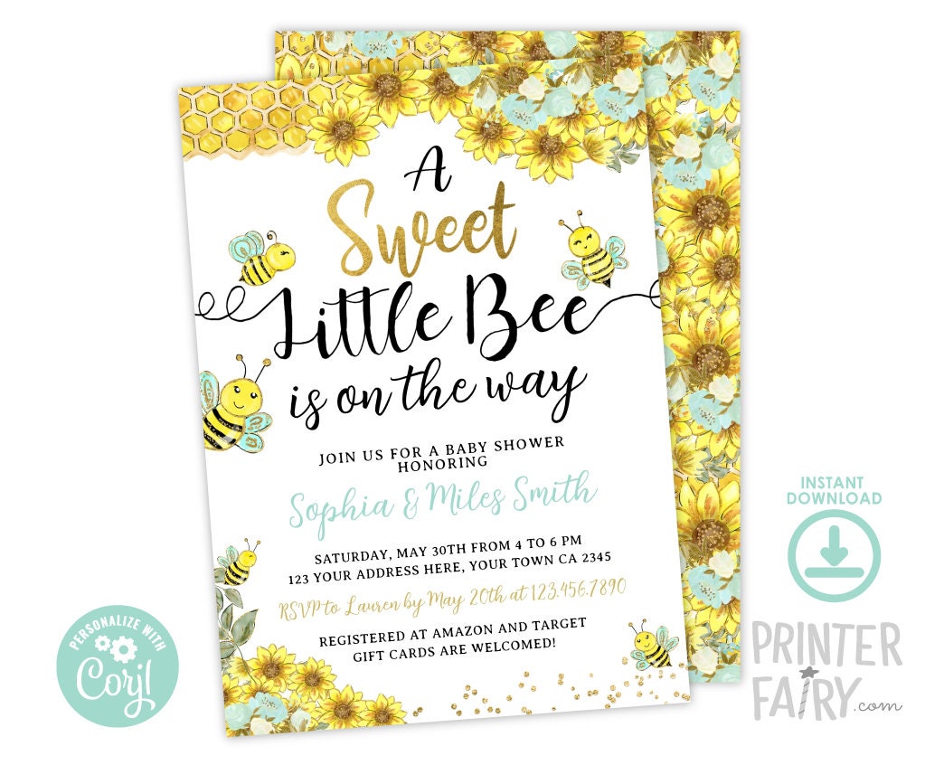 Bee Baby Shower Invitation, Sunflower, Editable (Digital Invite)