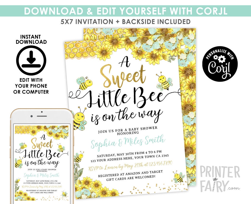 Bee Baby Shower Invitation, Sunflower, Editable (Digital Invite)