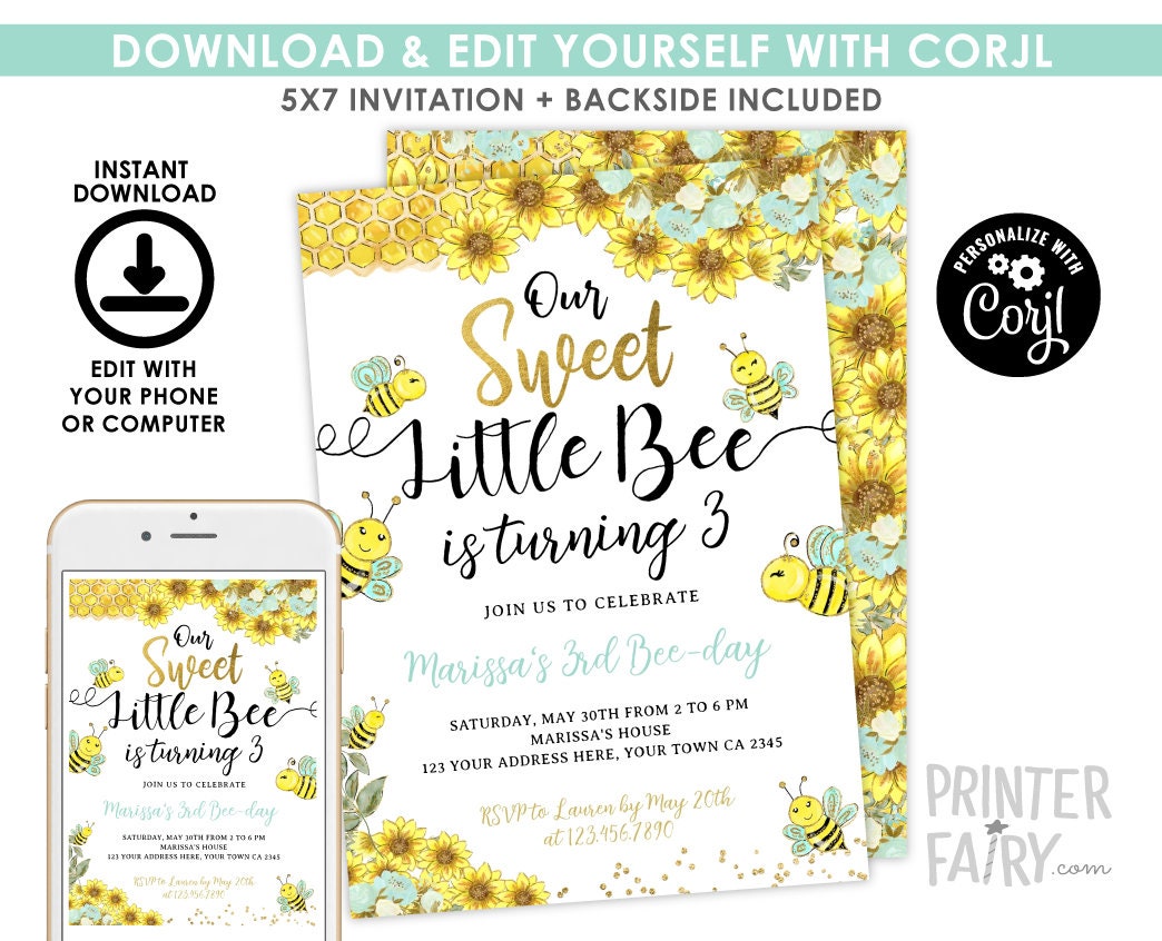 Sunflower Bee Birthday Invitation, Editable Bee-Day Party (Instant Download)