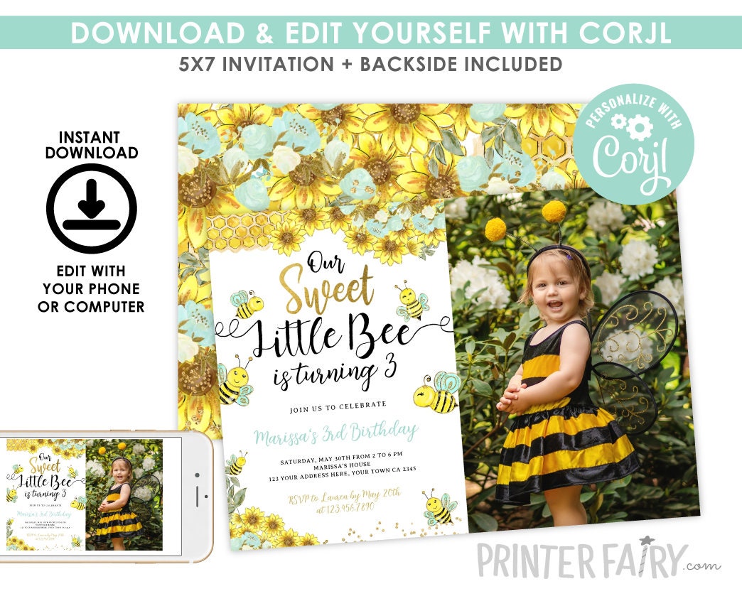 Editable Bee Birthday Invitation, Sunflower Party (Instant Download)