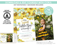 Editable Bee Birthday Invitation, Sunflower Party (Instant Download)