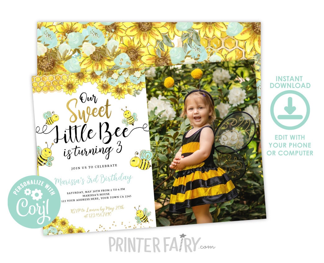 Editable Bee Birthday Invitation, Sunflower Party (Instant Download)