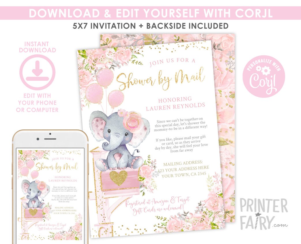 Elephant Baby Shower by Mail Invitation, Editable Template (Digital Download)