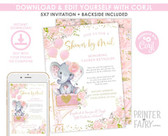 Elephant Baby Shower by Mail Invitation, Editable Template (Digital Download)
