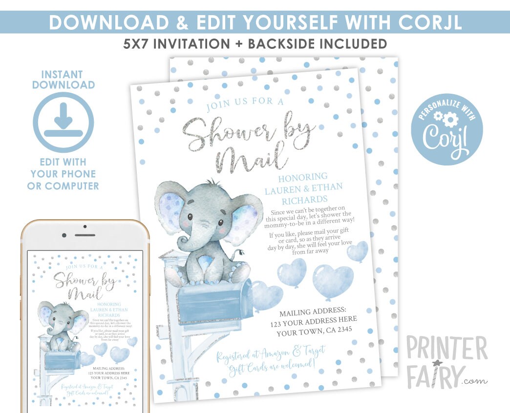 Elephant Baby Shower by Mail Invitation, EDITABLE Template (Instant Download)