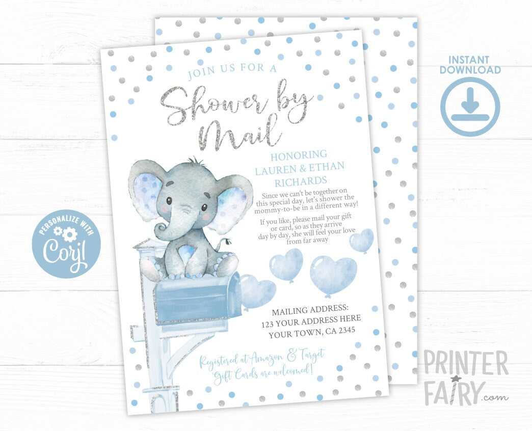Elephant Baby Shower by Mail Invitation, EDITABLE Template (Instant Download)