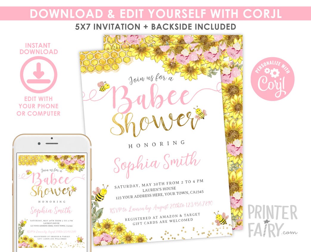 Bee Baby Shower Invitation, Sunflower, Editable Digital Invite