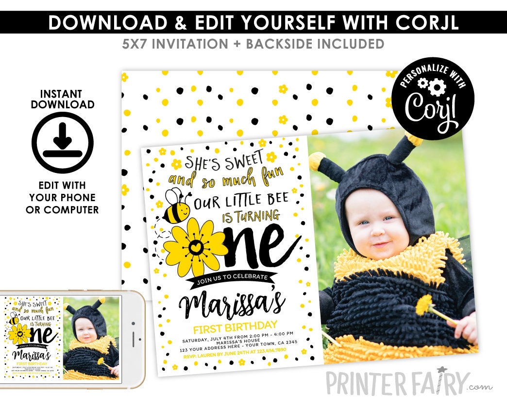 Sunflower Bee Birthday Invitation with photo, Editable Template, INSTANT DOWNLOAD