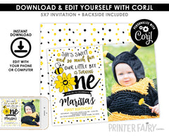 Sunflower Bee Birthday Invitation with photo, Editable Template, INSTANT DOWNLOAD