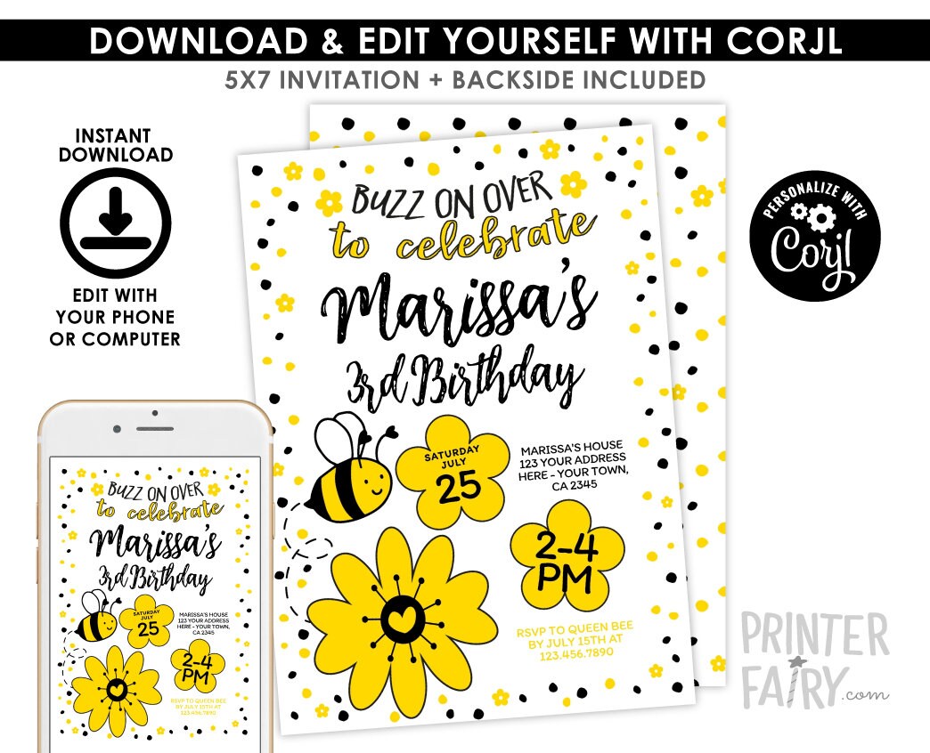 Bee Birthday Invitation Editable Template for Any Age, Sunflower Party (Instant Download)