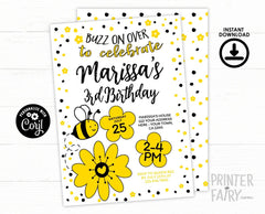 Bee Birthday Invitation Editable Template for Any Age, Sunflower Party (Instant Download)