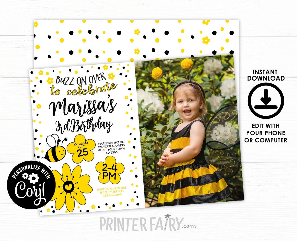 Bee Birthday Invitation with Photo Editable Template for Any Age, Sunflower Party, Instant Download