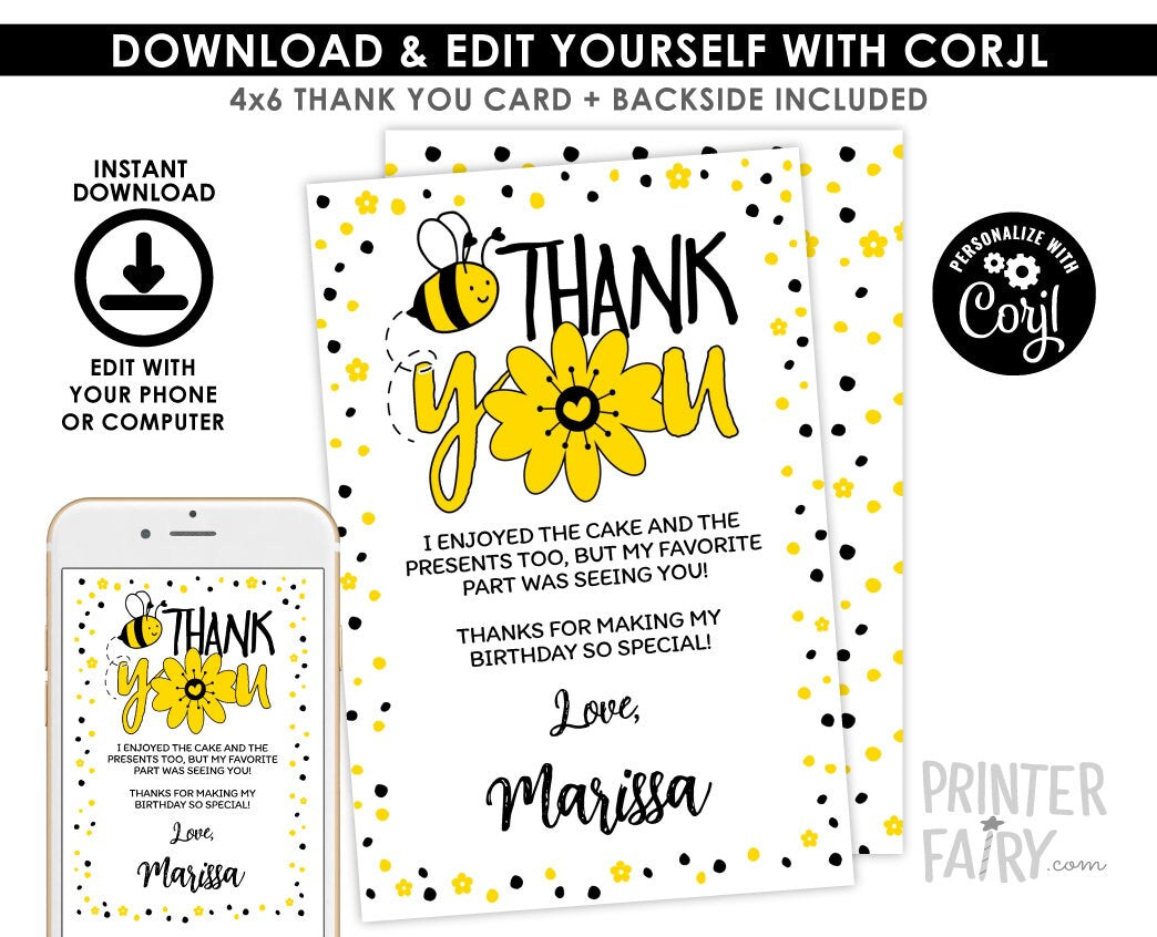 Bee Thank You Cards Editable Template, Instant Download