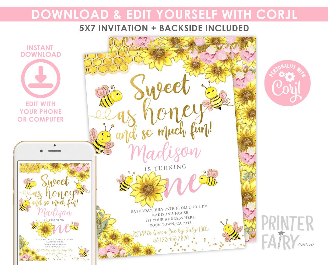 Sunflower Bee 1st Birthday Invitation, Editable Beeday (Instant Download)