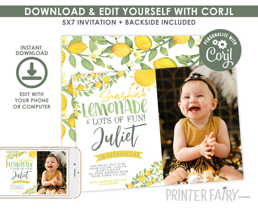 Lemon First Birthday Invitation, Editable, Citrus Invitation, Lemonade Birthday Party, Sunshine Birthday Invitation, Instant Download