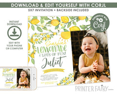 Lemon First Birthday Invitation, Editable, Citrus Invitation, Lemonade Birthday Party, Sunshine Birthday Invitation, Instant Download