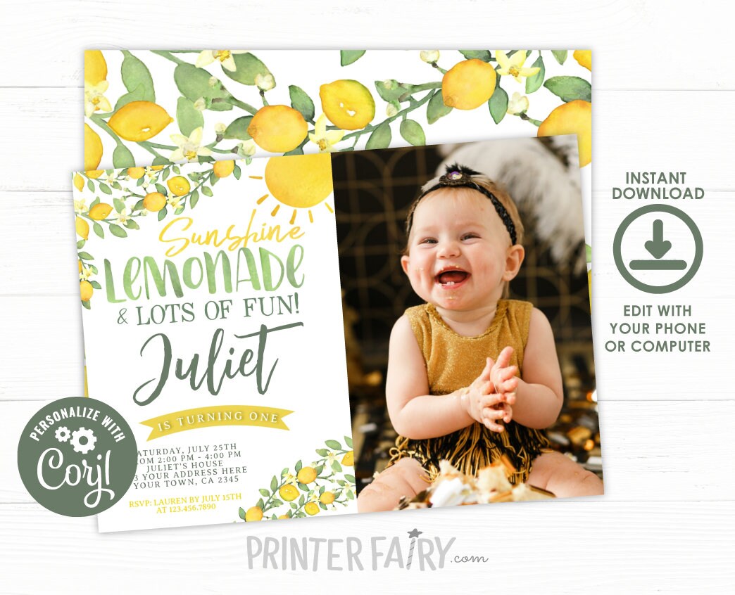 Lemon First Birthday Invitation, Editable, Citrus Invitation, Lemonade Birthday Party, Sunshine Birthday Invitation, Instant Download