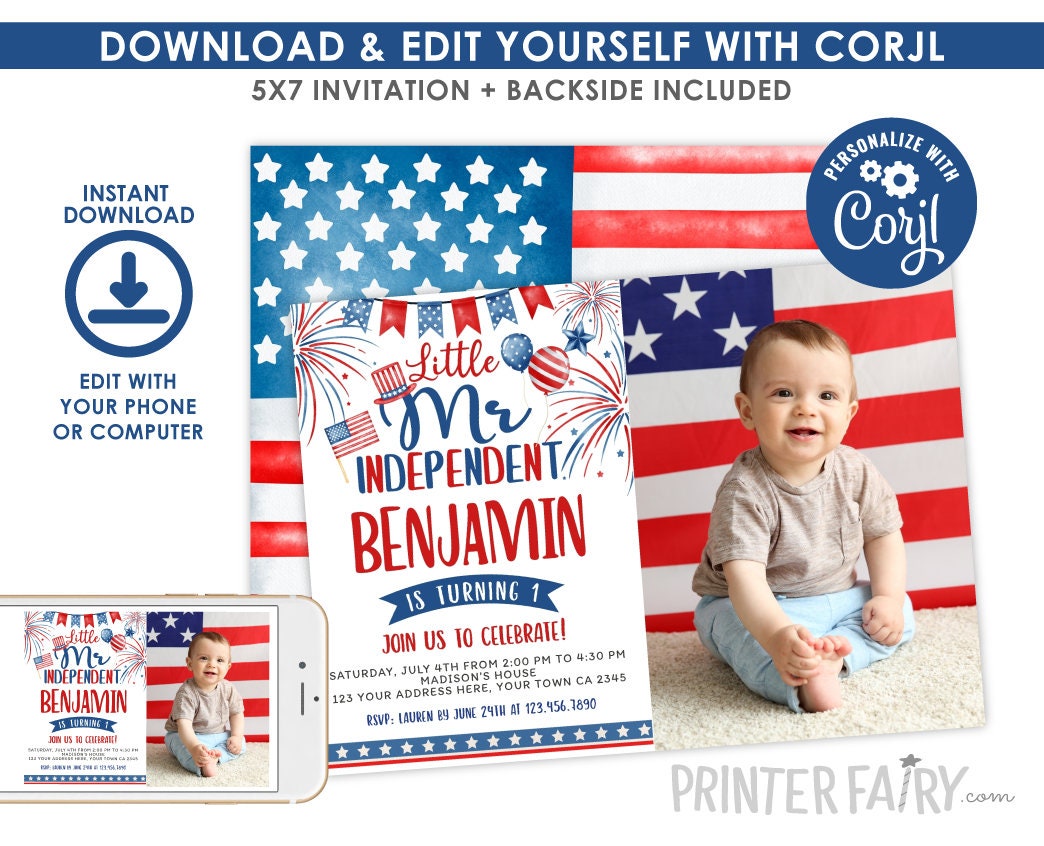 4th of July Birthday Invitation, Little Mr. Independent (Instant Download)