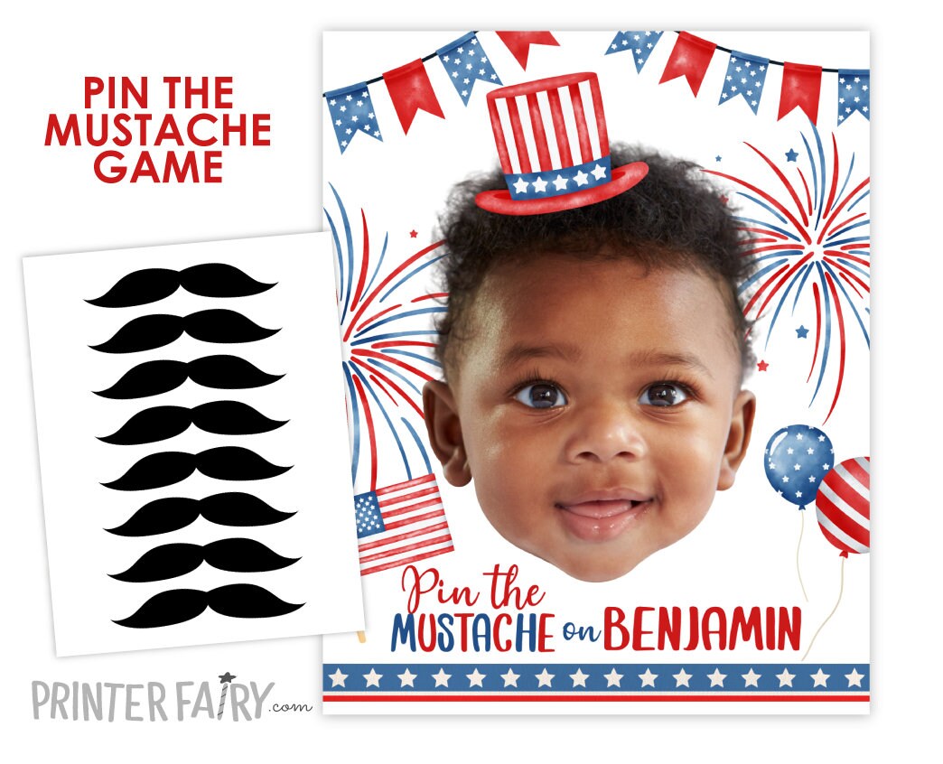 Personalized 4th of July Pin the Mustache Game, Photo Party Activity (Digital Printable)