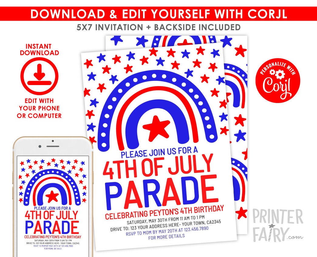 4th of July Birthday Parade Invitation, Rainbow Design (Digital Download)