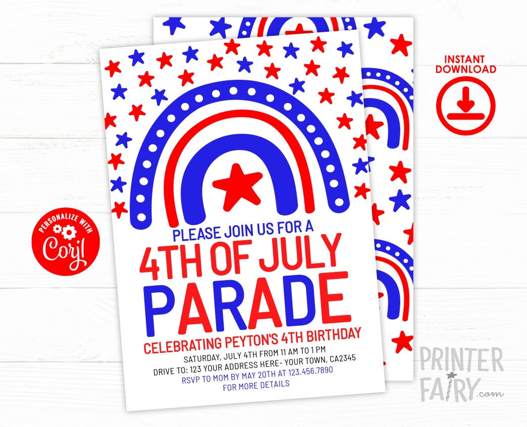 4th of July Birthday Parade Invitation, Rainbow Design (Digital Download)