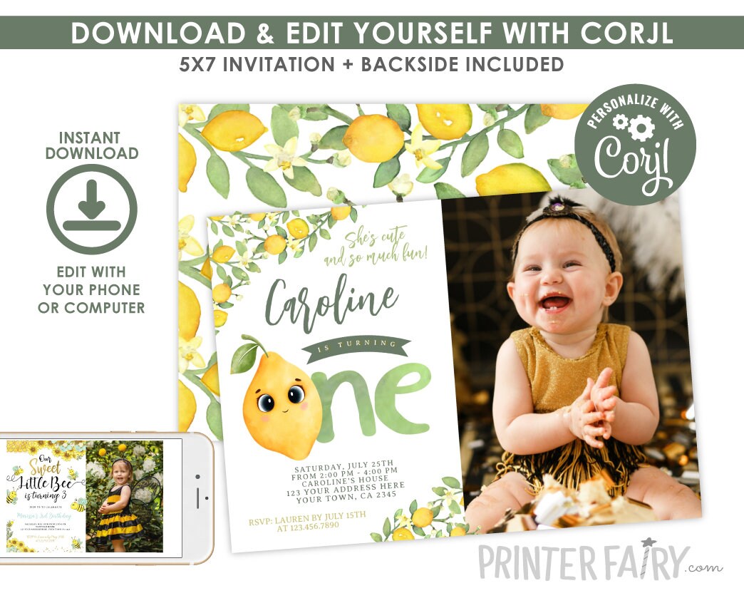 Lemon First Birthday Invitation, Editable Citrus Party (Instant Download)