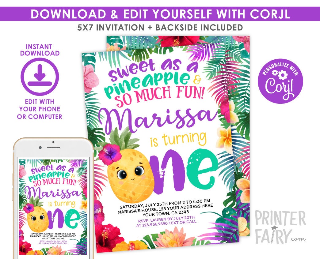 Pineapple First Birthday Invitation, Tropical Luau Party Invite (Digital Download)
