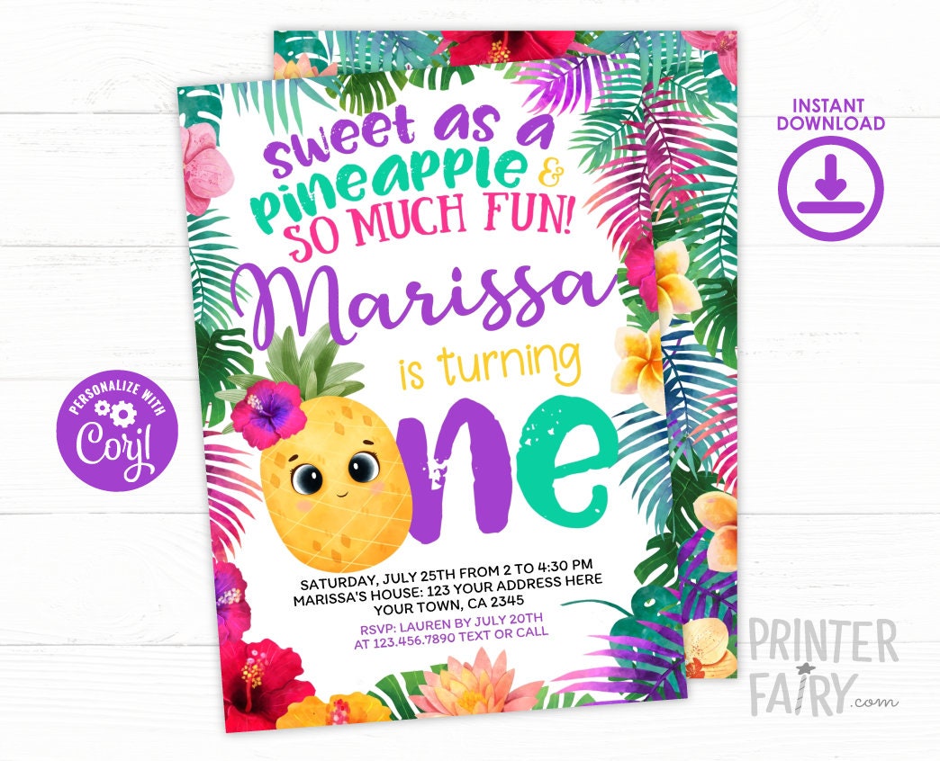 Pineapple First Birthday Invitation, Tropical Luau Party Invite (Digital Download)