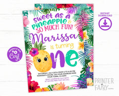 Pineapple First Birthday Invitation, Tropical Luau Party Invite (Digital Download)