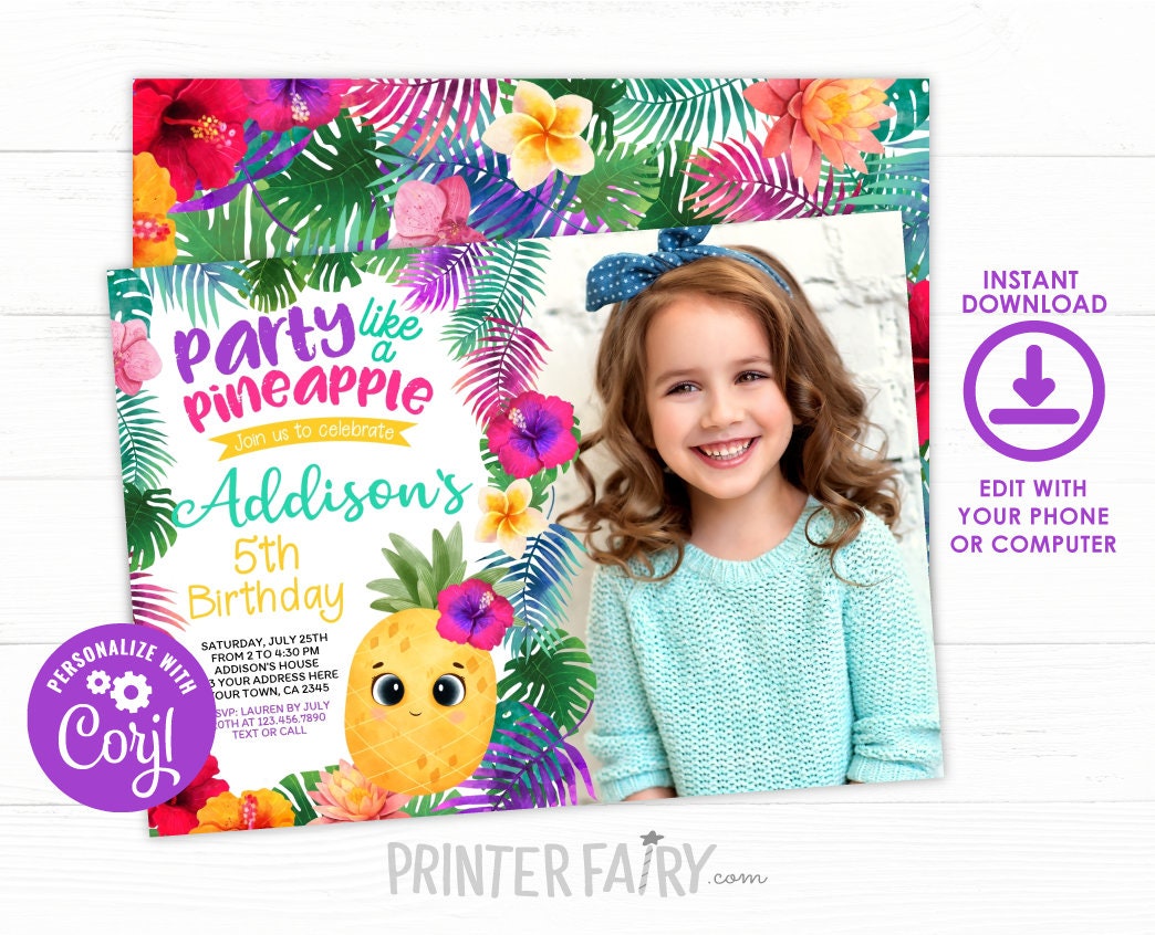 Pineapple Birthday Invitation, Editable Tropical Luau Party (Instant Download)