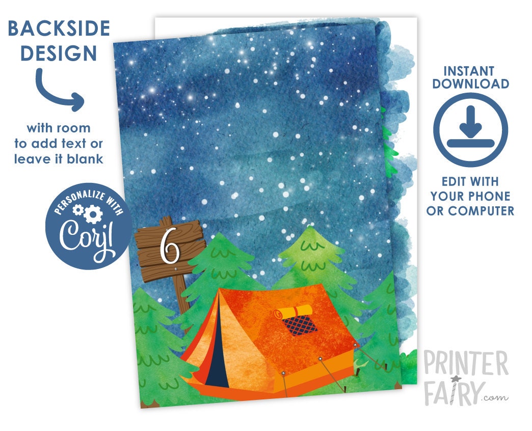 Camping Birthday Invitation Editable Template (Instant Download)