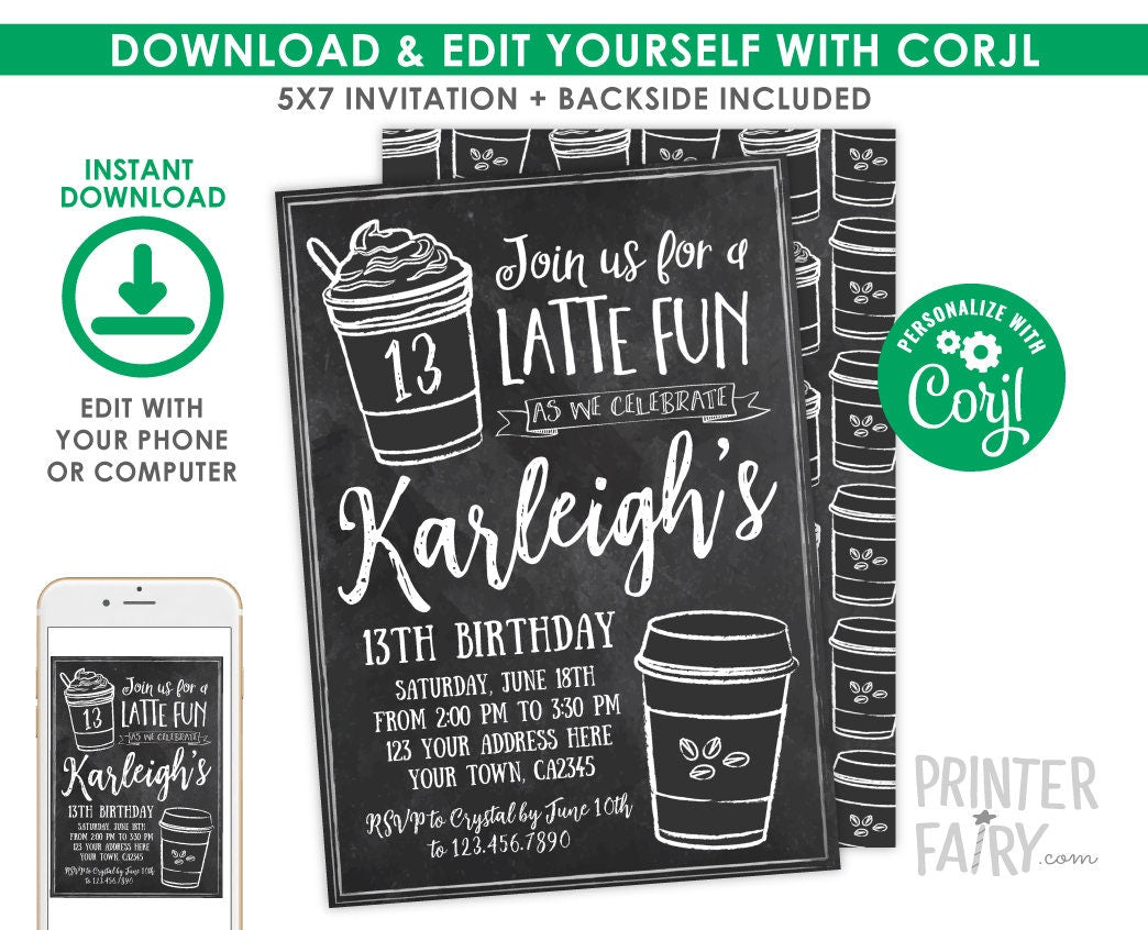 Latte Fun 13th Birthday Invitation, Coffee Party Invite (Digital Download)