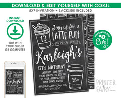 Latte Fun 13th Birthday Invitation, Coffee Party Invite (Digital Download)