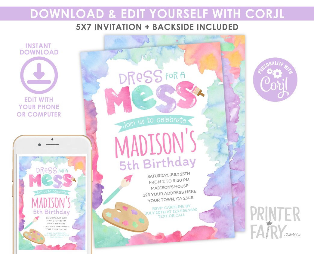 Art Birthday Invitation Editable Template, Painting Party, Digital INSTANT DOWNLOAD