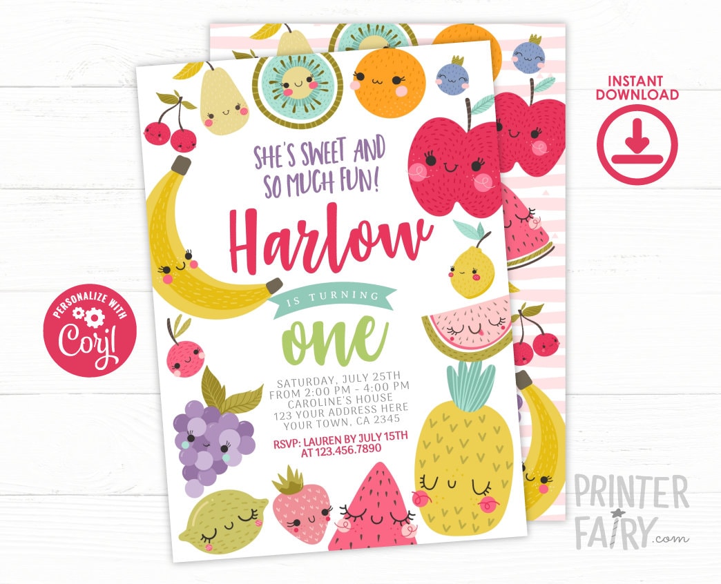 Tutti Frutti 1st Birthday Invitation Editable Template, Summer Party (Instant Download)