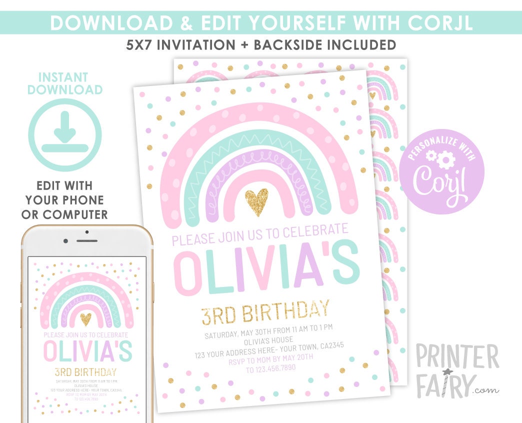 Rainbow 1st Birthday Invitation, Modern Party Invite (INSTANT DOWNLOAD)