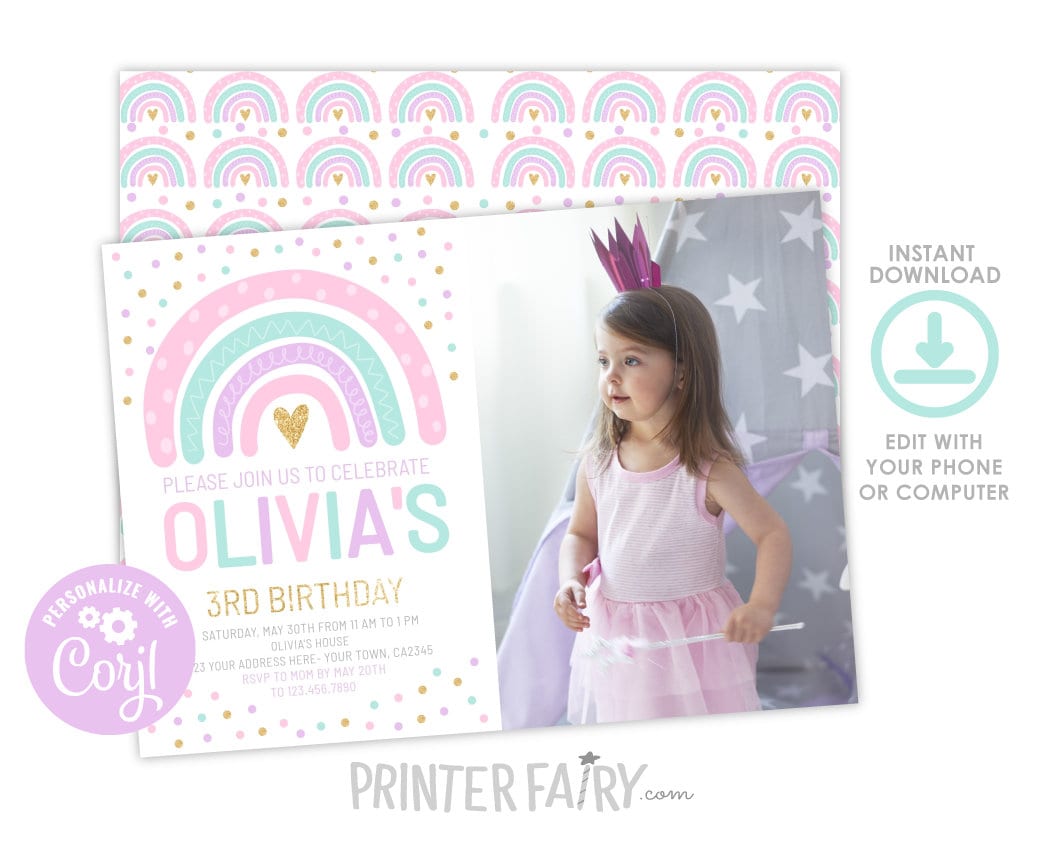 Rainbow Birthday Invitation with photo Editable Template, INSTANT DOWNLOAD