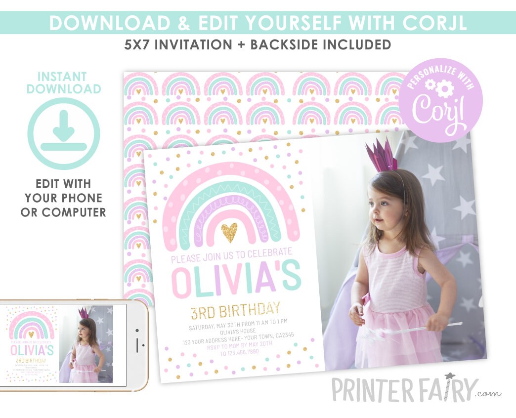 Rainbow Birthday Invitation with photo Editable Template, INSTANT DOWNLOAD
