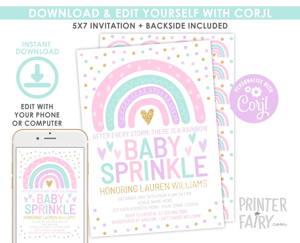 Rainbow Baby Sprinkle Invitation, Pastel Colors (Instant Download)