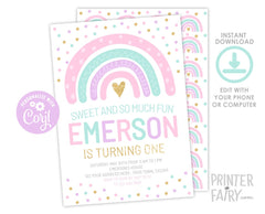 Pastel Rainbow First Birthday Invitation, Editable Template (Digital Download)