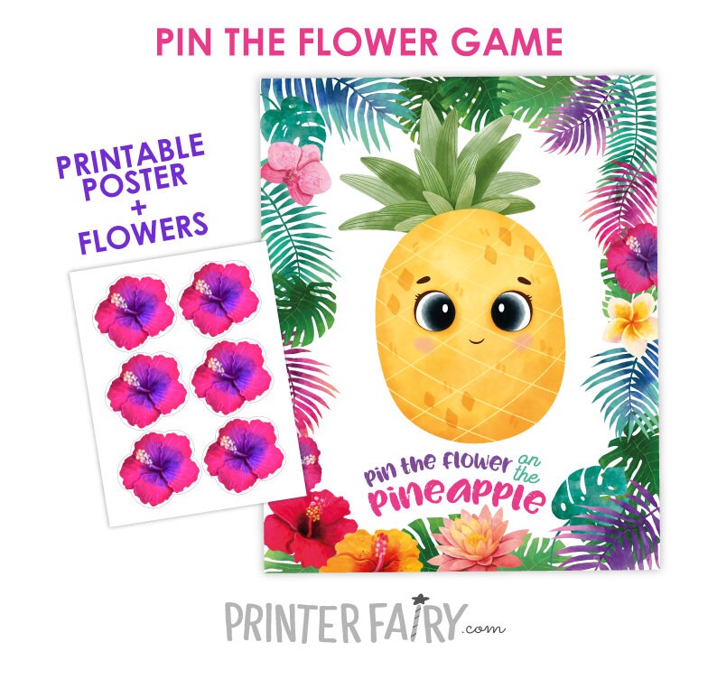 Pin the Flower on the Pineapple Game, Tropical Party (Digita Printable Instant Download)