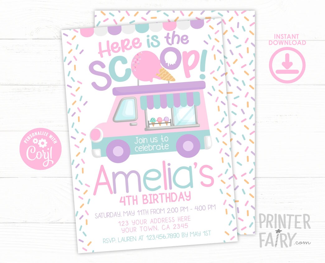 Ice Cream Truck EDITABLE Invitation Template, INSTANT DOWNLOAD