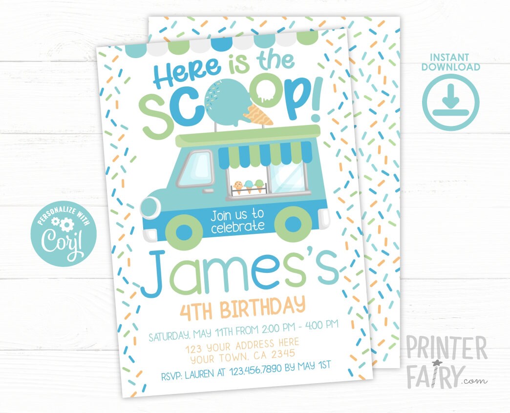Ice Cream Truck Birthday Invitation, Editable Template (Instant Download)