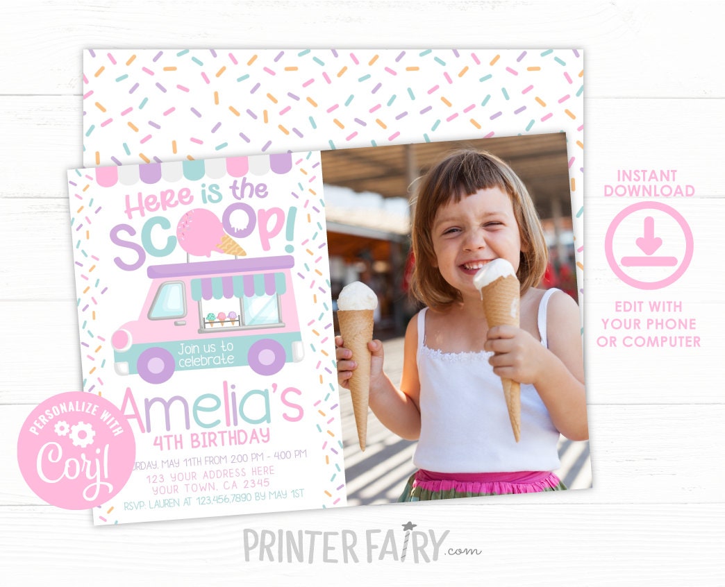Ice Cream Truck Birthday Invitation, Editable Corjl Template (Digital Download)