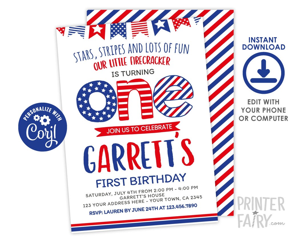Editable 4th of July First Birthday Invitation (Digital Invite)