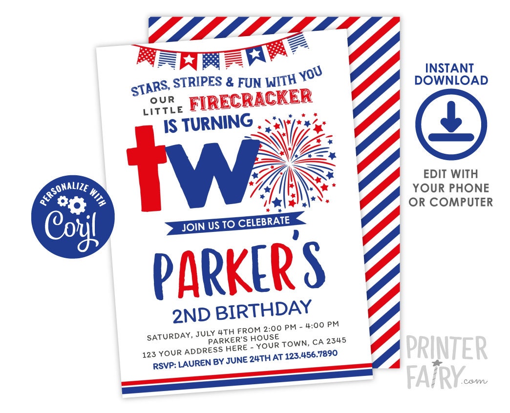 4th of July 2nd Birthday Invitation, Editable Digital Invite