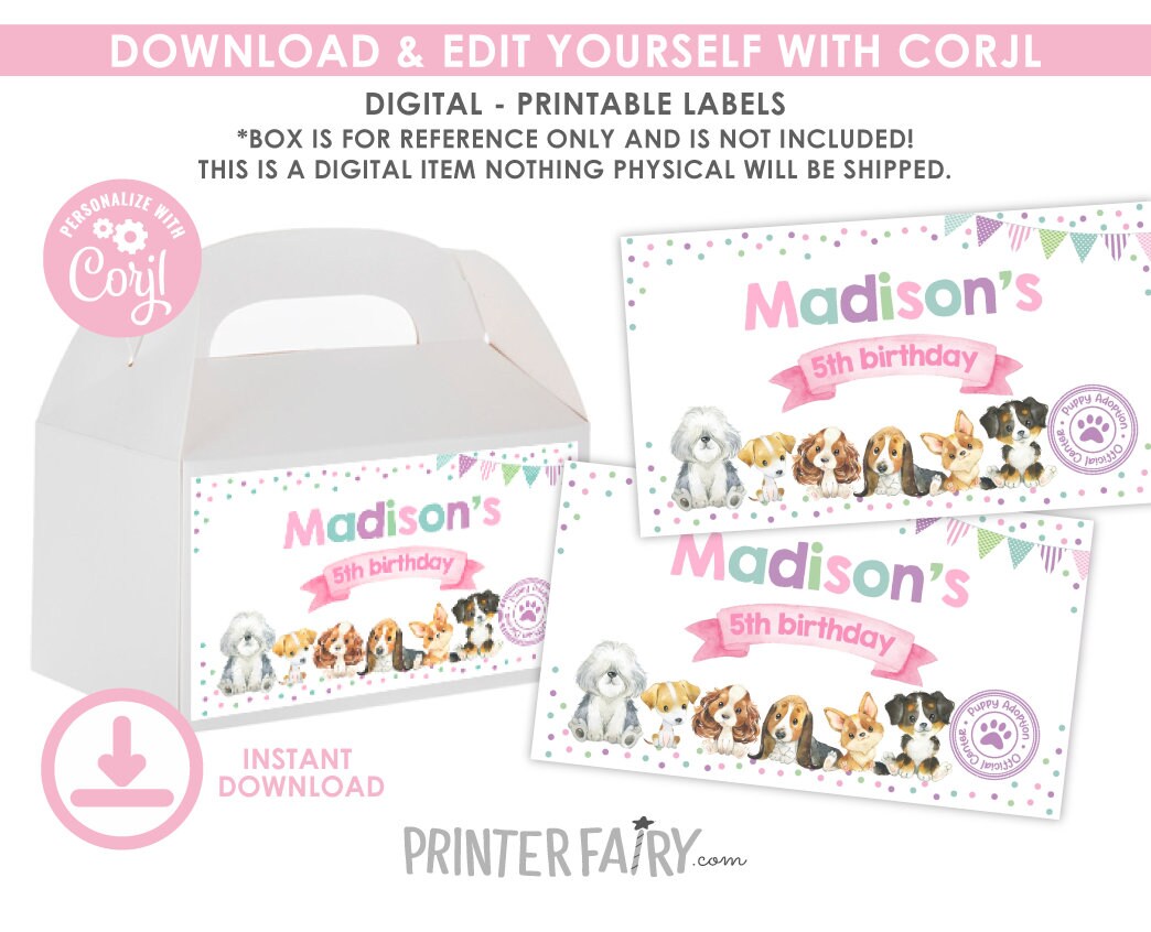 Puppy Adoption Party Box Labels, Dog Birthday Decorations (Instant Download)