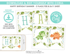 Editable Dinosaur Birthday Banner, Jungle Theme (Instant Download)