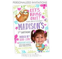 Sloth Birthday Photo Invitation, Jungle Theme (Digital)