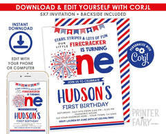 Firecracker First Birthday Invitation, 4th of July (Digital)